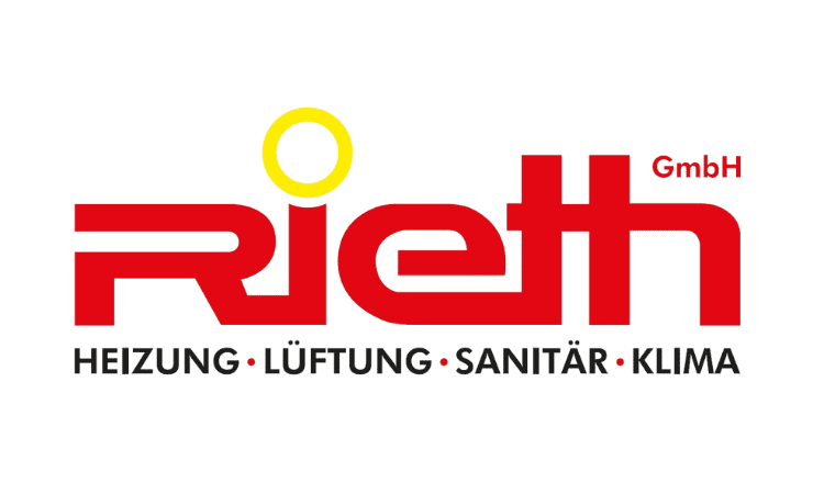 Logo der Rieth GmbH mit einem gelben Kreis über dem Buchstaben 'i', begleitet von den Worten "HEIZUNG • LÜFTUNG • SANITÄR • KLIMA".